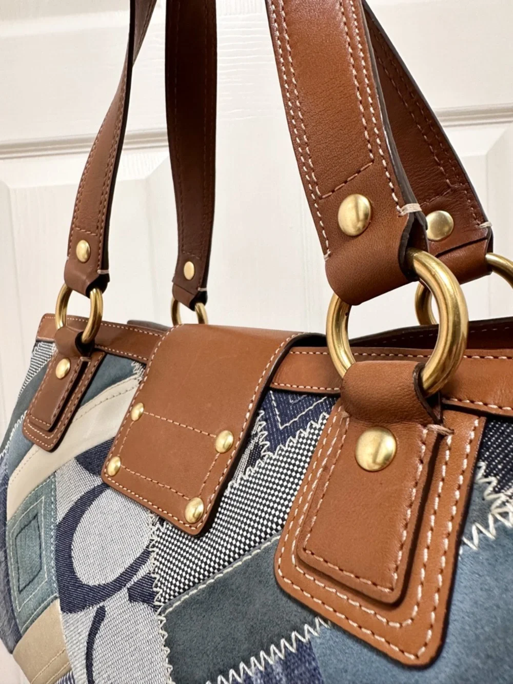 Coach Hamptons Satchel Bag Denim Patchwork Saddle Leather Turnlock